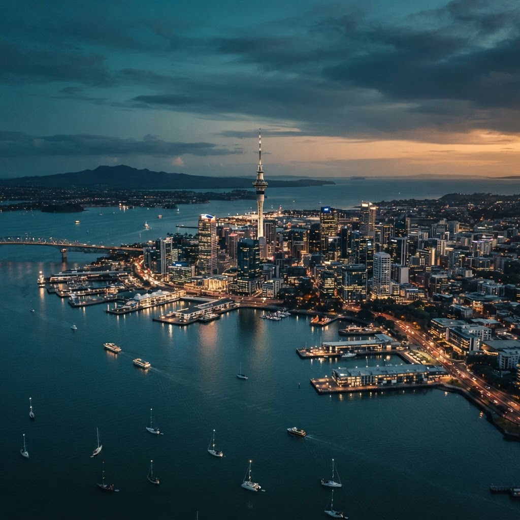 Aerial view of Auckland waterfront and skyline at dusk