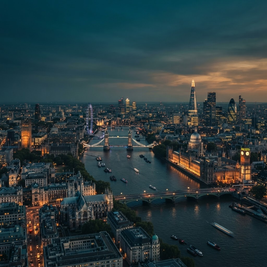 Aerial view of London and the River Thames at dusk