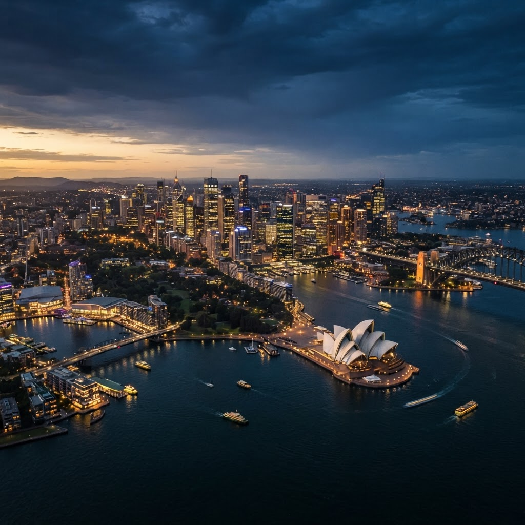Aerial view of Sydney Harbour and skyline at dusk